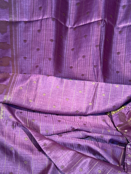 Purple Designer Saree with Rich Zari Border and Stitched Blouse