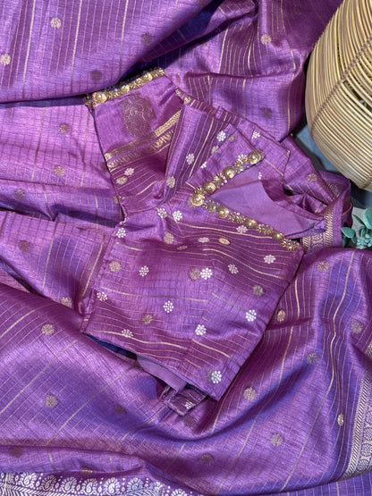 Purple Designer Saree with Rich Zari Border and Stitched Blouse