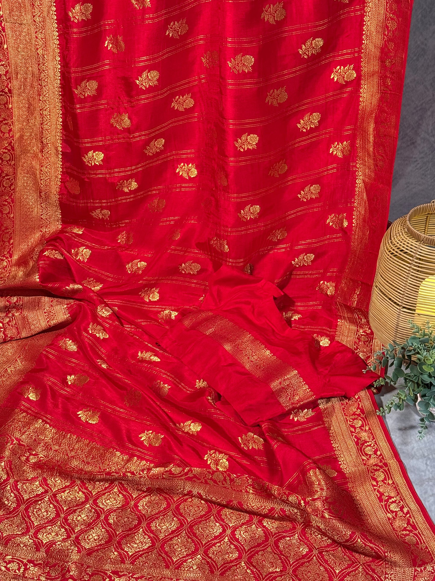 Red Designer Saree with Golden Zari Border and Stitched Blouse