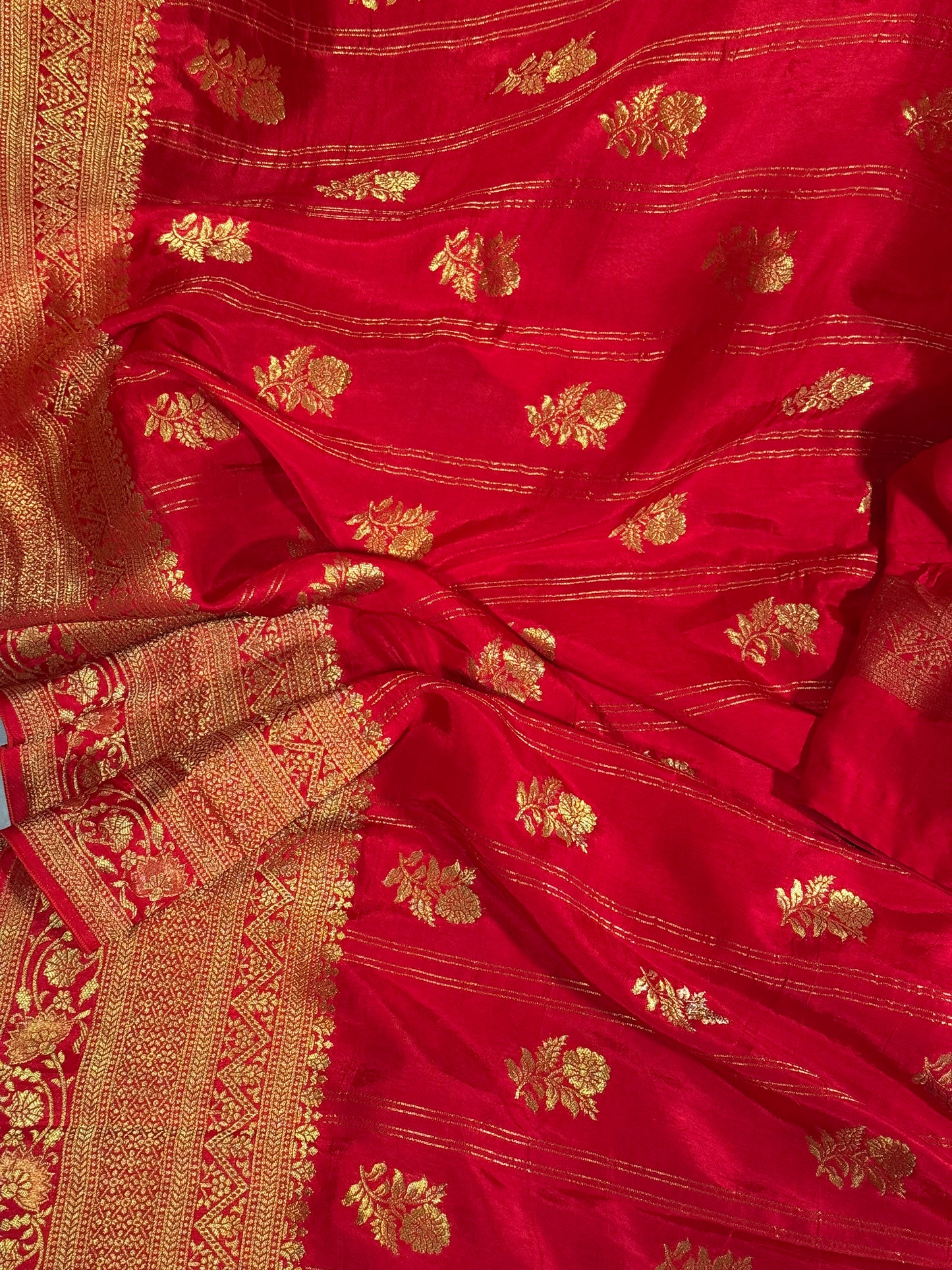 Red Designer Saree with Golden Zari Border and Stitched Blouse