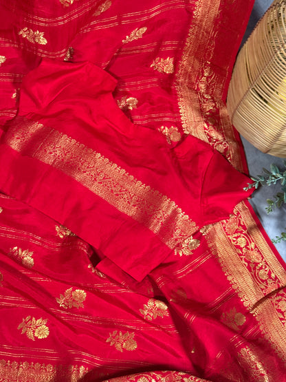 Red Designer Saree with Golden Zari Border and Stitched Blouse