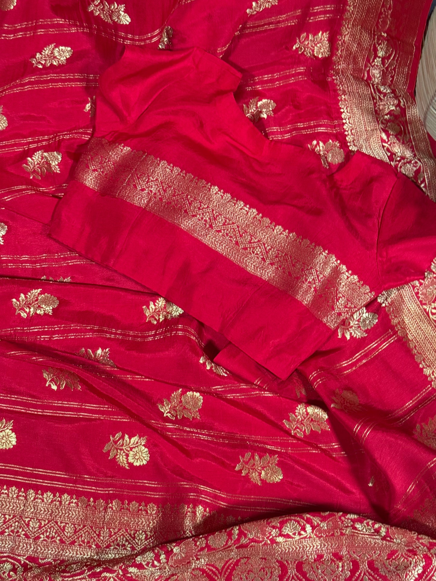 Red Designer Saree with Golden Zari Border and Stitched Blouse