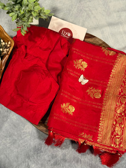 Red Designer Saree with Golden Zari Border and Stitched Blouse