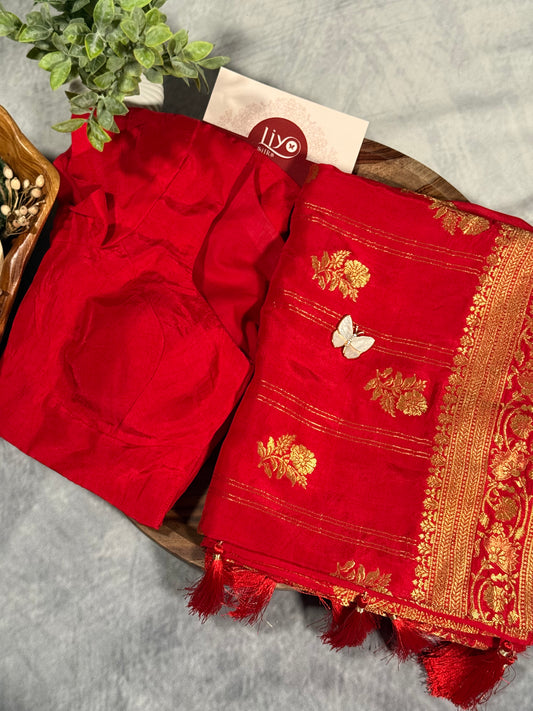 Red Designer Saree with Golden Zari Border and Stitched Blouse