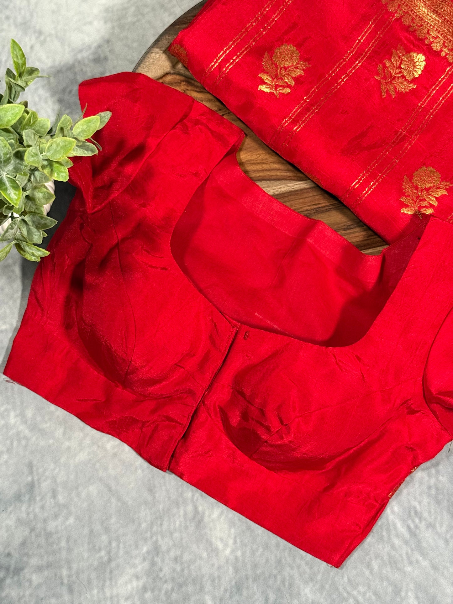 Red Designer Saree with Golden Zari Border and Stitched Blouse