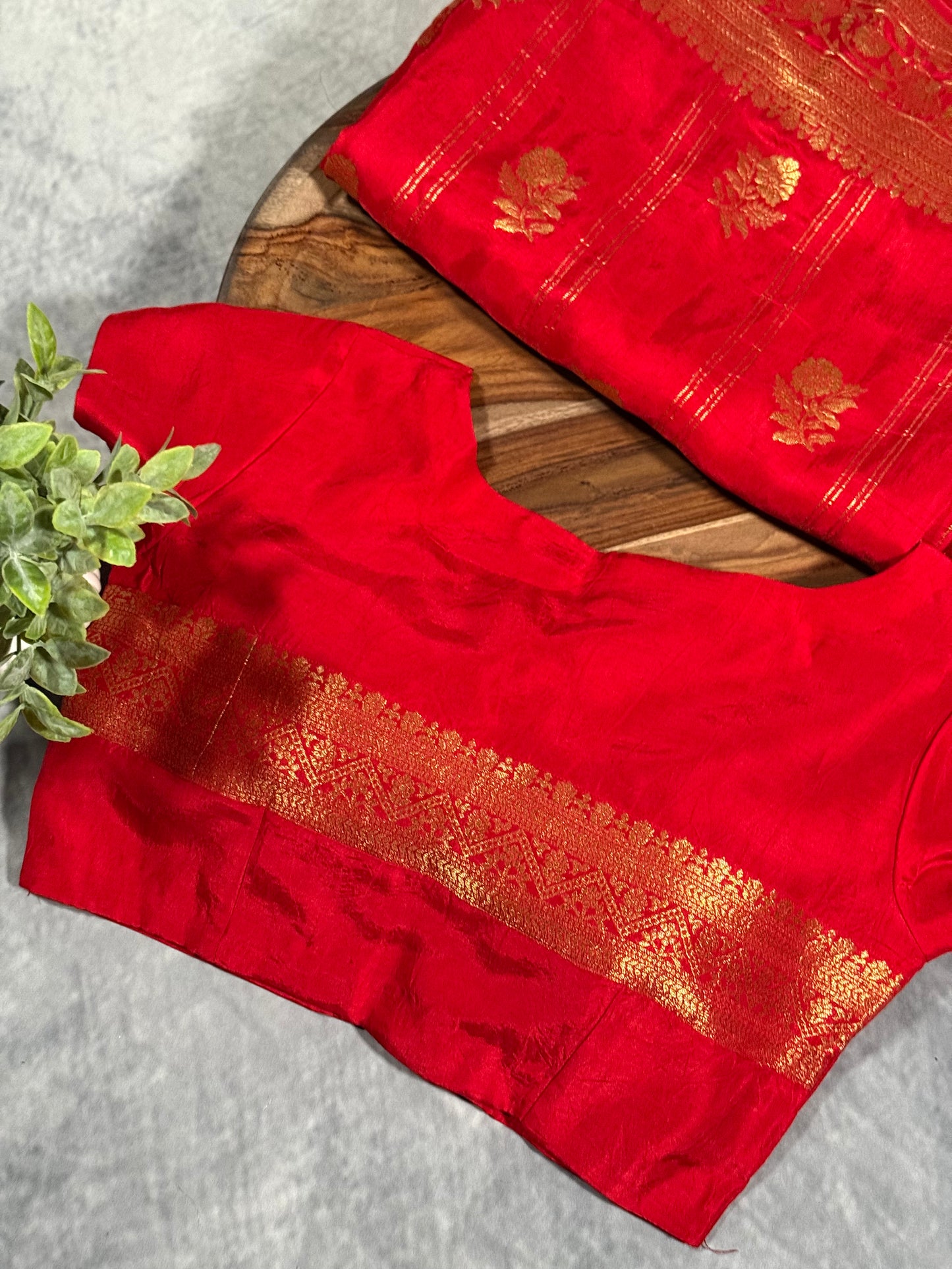 Red Designer Saree with Golden Zari Border and Stitched Blouse