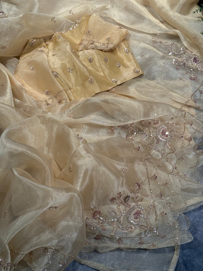 Luxury Gold Yellow Organza Silk Saree with Hand Embroidery Work and Ready-to-Wear Blouse