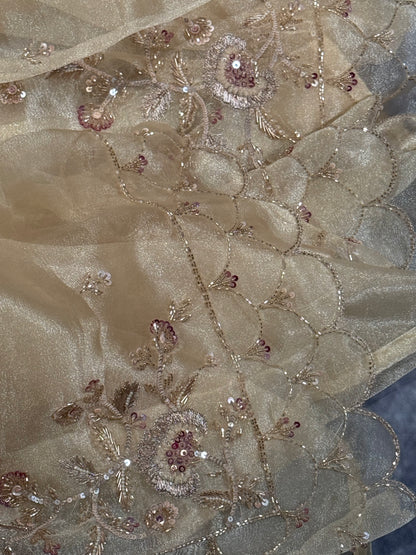 Luxury Gold Yellow Organza Silk Saree with Hand Embroidery Work and Ready-to-Wear Blouse
