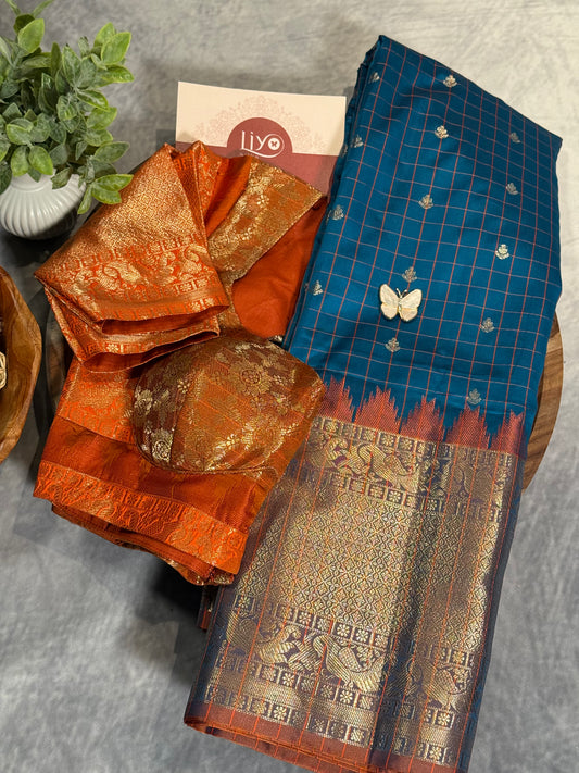 Blue Semi Gadwal Silk Saree with Ornate Orange Border and Pallu, Comes with Stitched Blouse