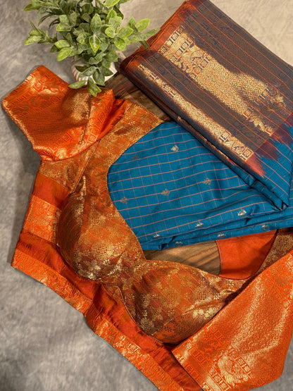 Blue Semi Gadwal Silk Saree with Ornate Orange Border and Pallu, Comes with Stitched Blouse