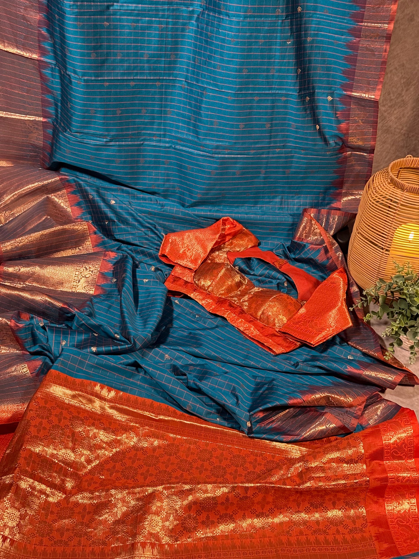 Blue Semi Gadwal Silk Saree with Ornate Orange Border and Pallu, Comes with Stitched Blouse