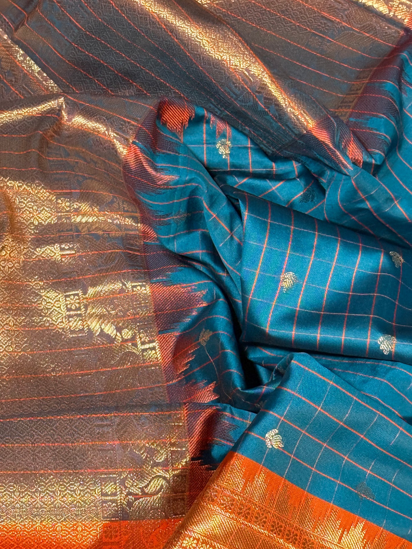 Blue Semi Gadwal Silk Saree with Ornate Orange Border and Pallu, Comes with Stitched Blouse