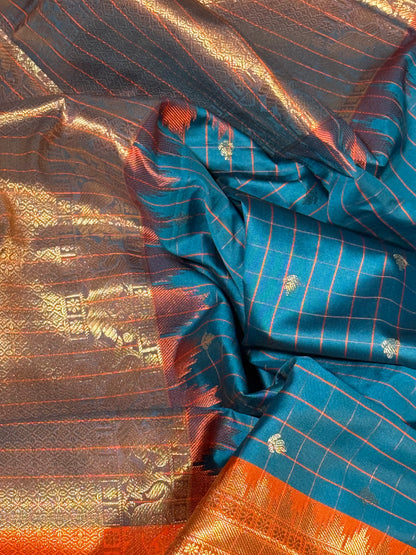 Blue Semi Gadwal Silk Saree with Ornate Orange Border and Pallu, Comes with Stitched Blouse