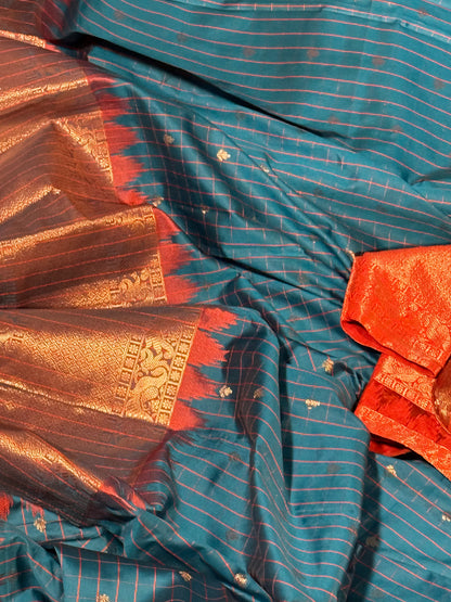 Blue Semi Gadwal Silk Saree with Ornate Orange Border and Pallu, Comes with Stitched Blouse
