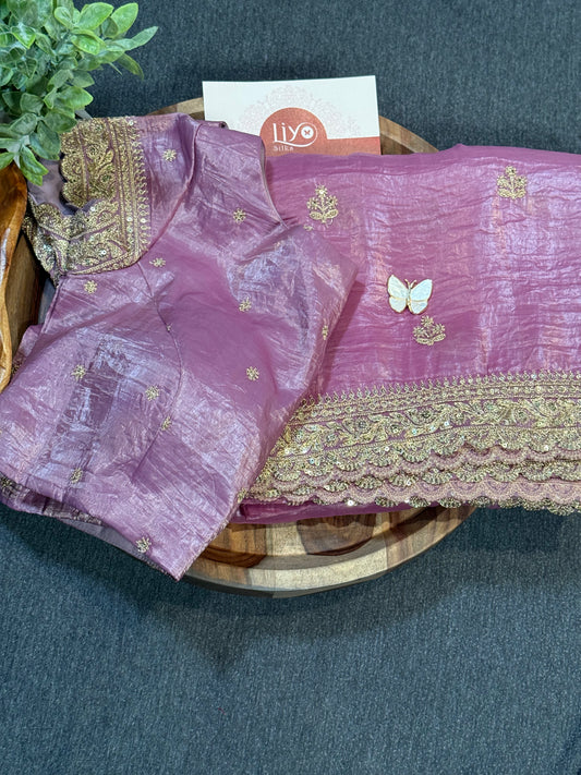 Party Wear Purple Saree with Stunning Silver Embroidery Border and Stitched Blouse