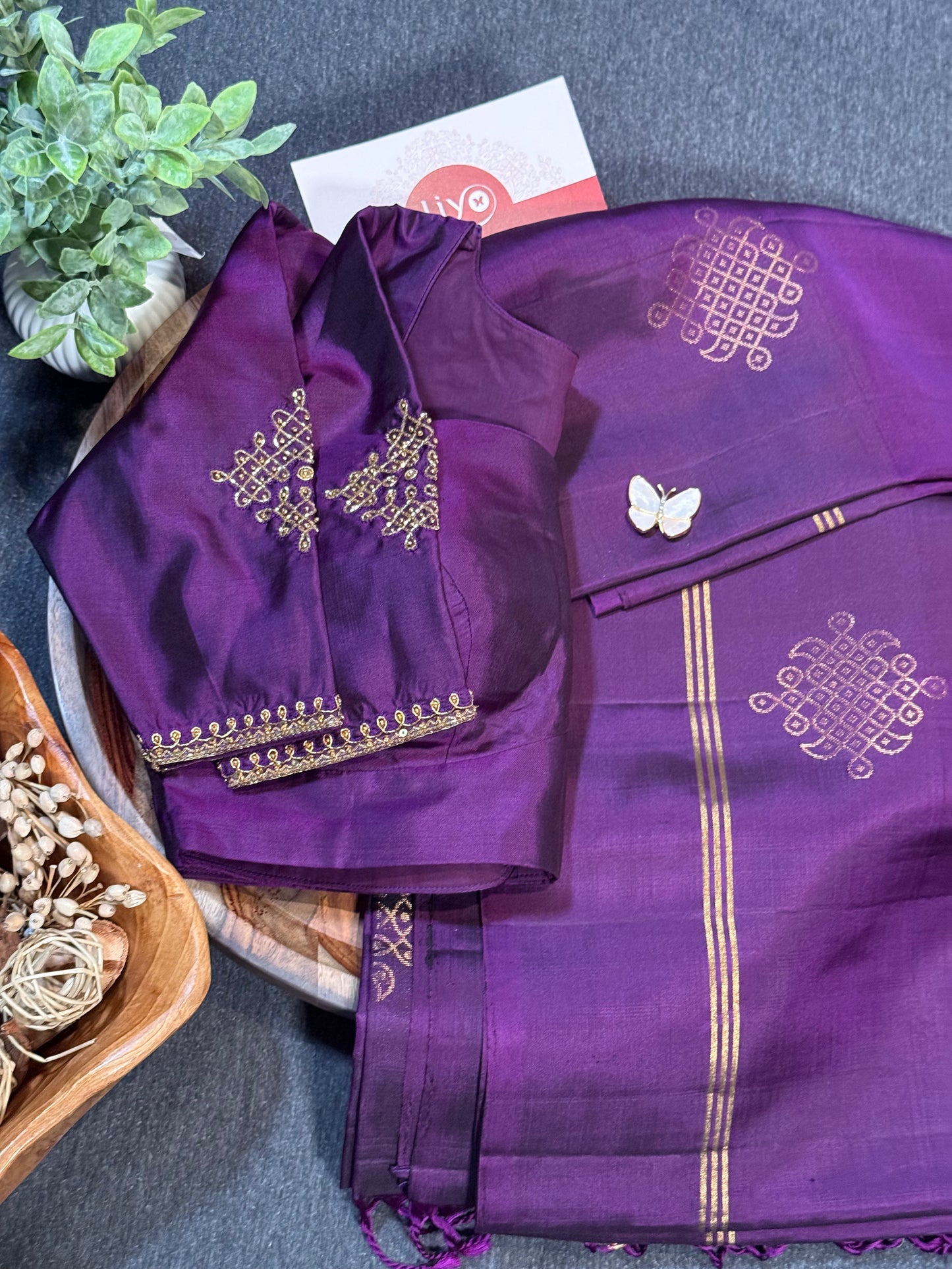 Elegant Violet Soft Silk Saree Featuring Kolam Design with Ready Stitched Blouse