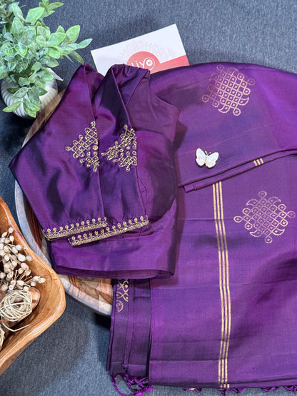 Elegant Violet Soft Silk Saree Featuring Kolam Design with Ready Stitched Blouse