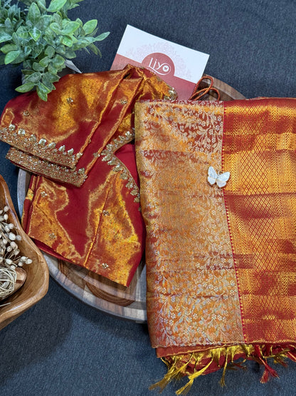 Golden Red Kanchi Tissue Saree & Ready-to-Wear Embroidered Blouse – Size 36