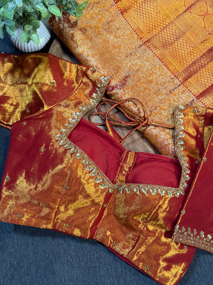 Golden Red Kanchi Tissue Saree & Ready-to-Wear Embroidered Blouse – Size 36