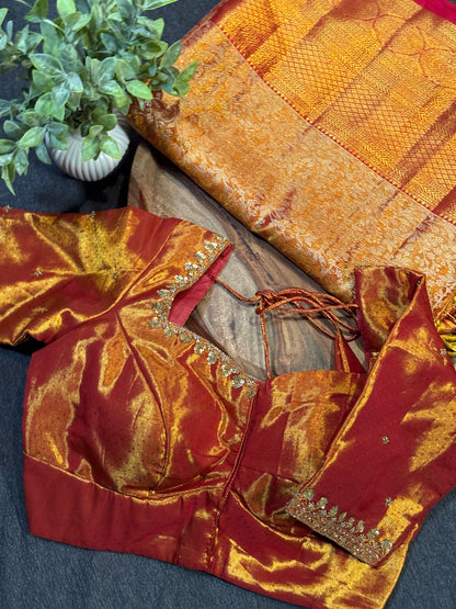 Golden Red Kanchi Tissue Saree & Ready-to-Wear Embroidered Blouse – Size 36