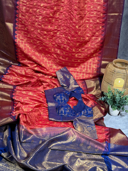 Brick Orange Semi Gadwal Silk Saree with Ornate Coffee Brown Border, Comes with Stitched Blouse