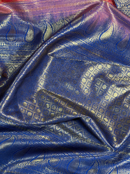 Brick Orange Semi Gadwal Silk Saree with Ornate Coffee Brown Border, Comes with Stitched Blouse