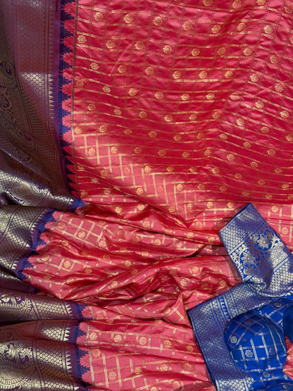 Brick Orange Semi Gadwal Silk Saree with Ornate Coffee Brown Border, Comes with Stitched Blouse