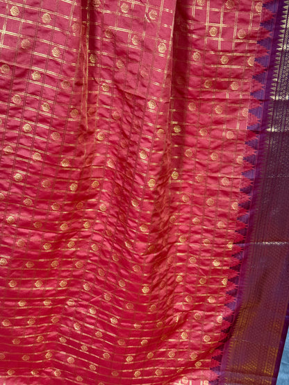 Brick Orange Semi Gadwal Silk Saree with Ornate Coffee Brown Border, Comes with Stitched Blouse
