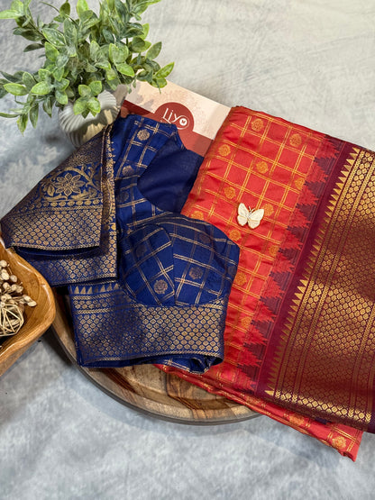 Brick Orange Semi Gadwal Silk Saree with Ornate Coffee Brown Border, Comes with Stitched Blouse