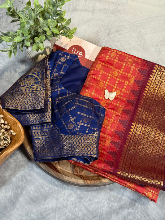 Brick Orange Semi Gadwal Silk Saree with Ornate Coffee Brown Border, Comes with Stitched Blouse