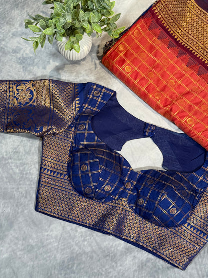 Brick Orange Semi Gadwal Silk Saree with Ornate Coffee Brown Border, Comes with Stitched Blouse