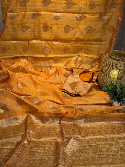 Stylish Light Yellow Tissue Organza Saree with Crush Texture and Stitched Blouse