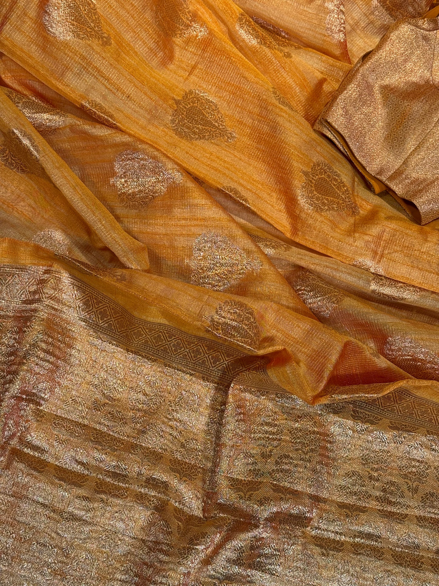 Stylish Light Yellow Tissue Organza Saree with Crush Texture and Stitched Blouse