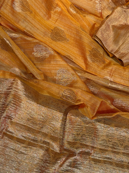 Stylish Light Yellow Tissue Organza Saree with Crush Texture and Stitched Blouse