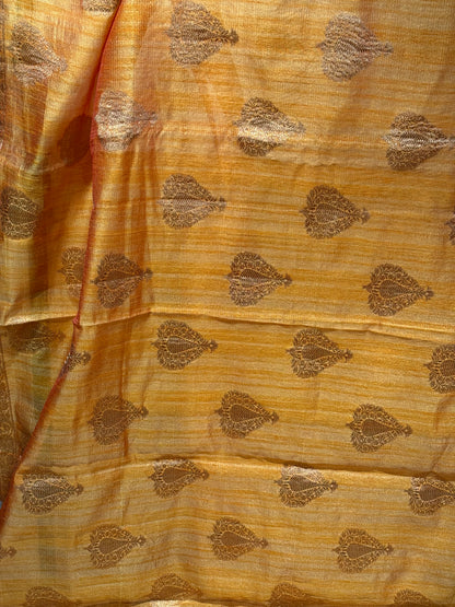 Stylish Light Yellow Tissue Organza Saree with Crush Texture and Stitched Blouse