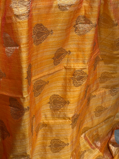 Stylish Light Yellow Tissue Organza Saree with Crush Texture and Stitched Blouse