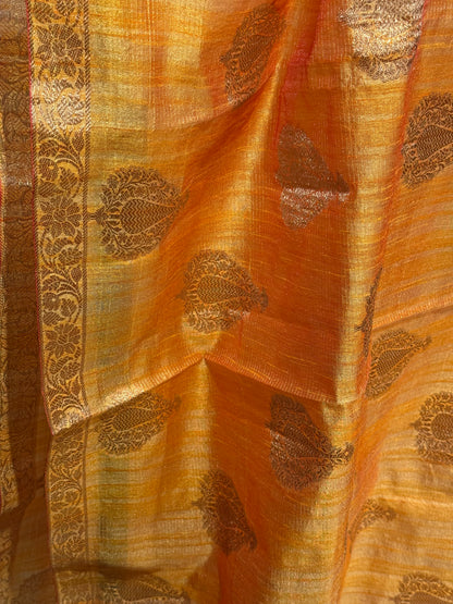 Stylish Light Yellow Tissue Organza Saree with Crush Texture and Stitched Blouse