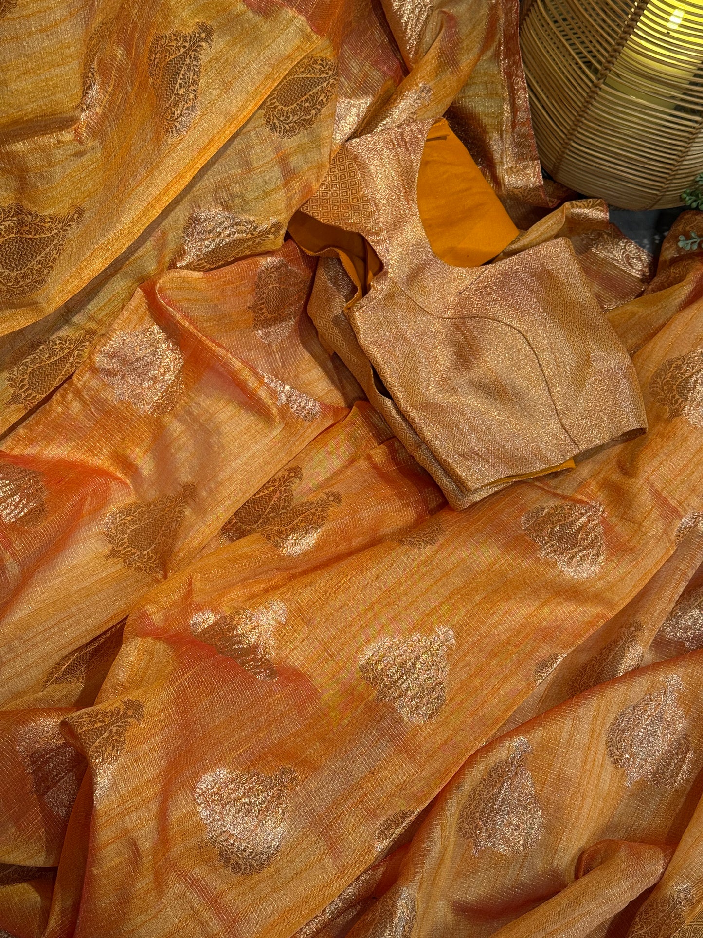 Stylish Light Yellow Tissue Organza Saree with Crush Texture and Stitched Blouse