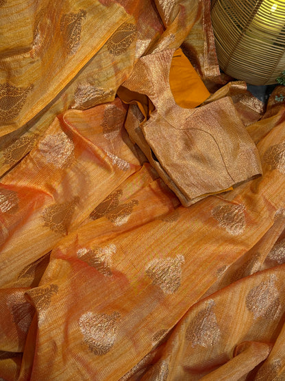 Stylish Light Yellow Tissue Organza Saree with Crush Texture and Stitched Blouse