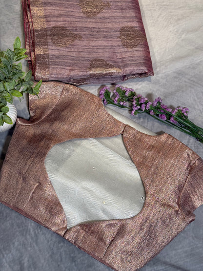 Stylish Light Purple Tissue Organza Saree with Crush Texture and Stitched Blouse