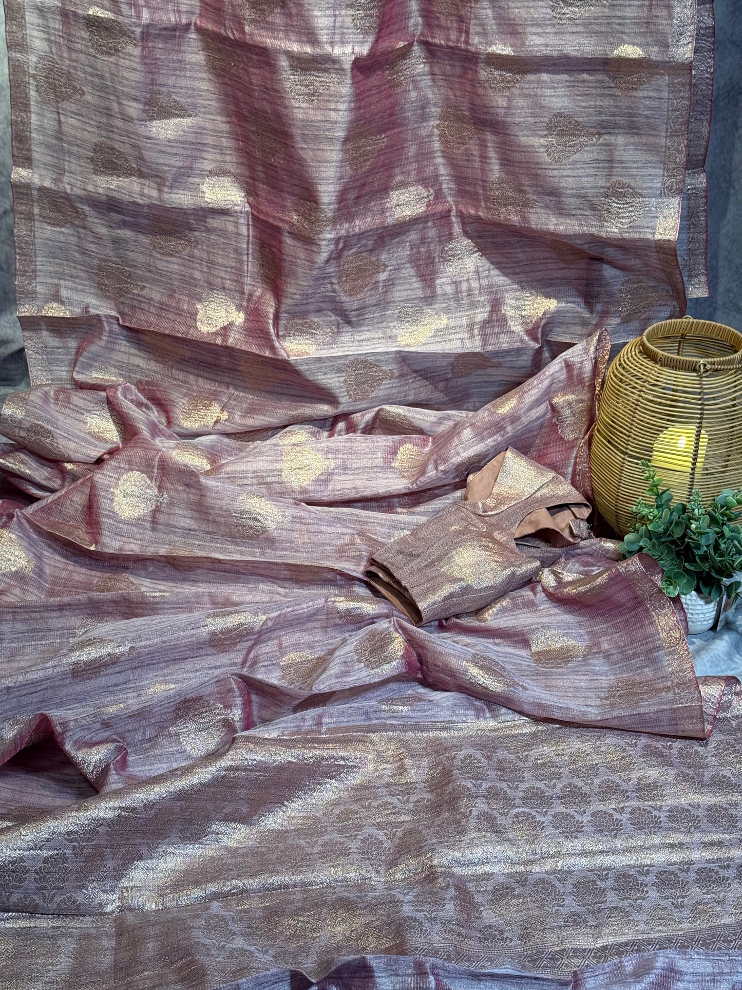 Stylish Light Purple Tissue Organza Saree with Crush Texture and Stitched Blouse