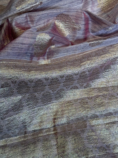 Stylish Light Purple Tissue Organza Saree with Crush Texture and Stitched Blouse