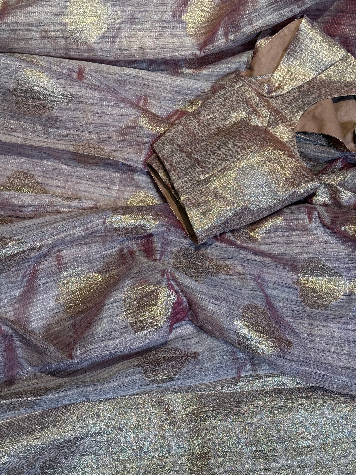 Stylish Light Purple Tissue Organza Saree with Crush Texture and Stitched Blouse