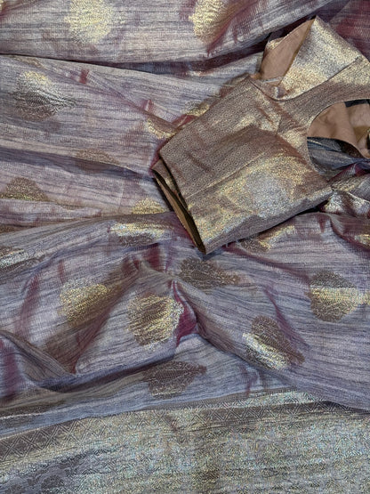 Stylish Light Purple Tissue Organza Saree with Crush Texture and Stitched Blouse