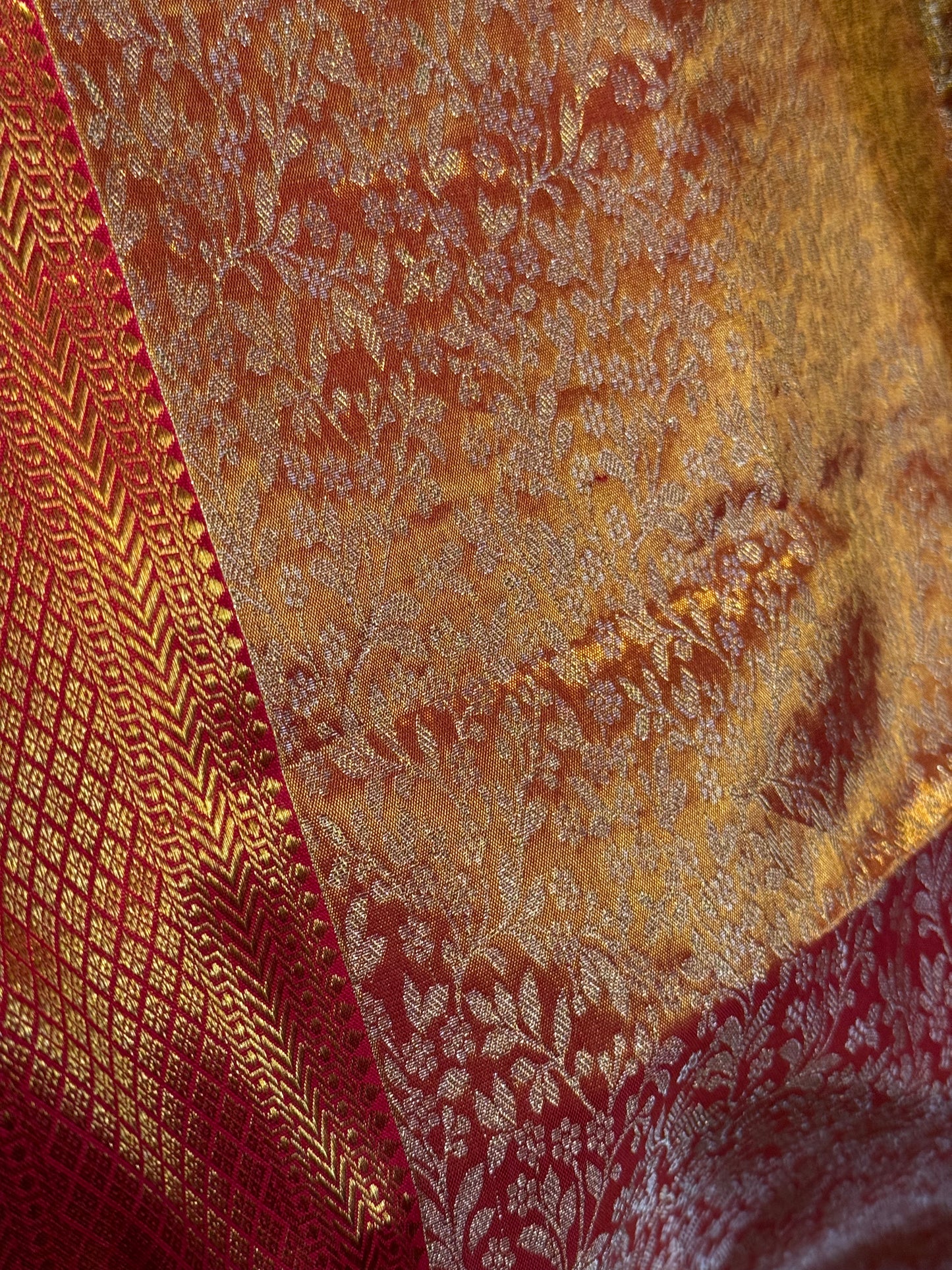 Golden Red Kanchi Tissue Saree & Ready-to-Wear Embroidered Blouse – Size 36