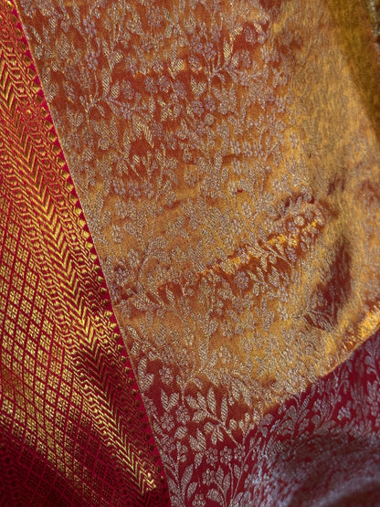 Golden Red Kanchi Tissue Saree & Ready-to-Wear Embroidered Blouse – Size 36
