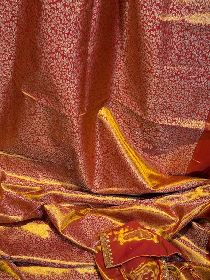 Golden Red Kanchi Tissue Saree & Ready-to-Wear Embroidered Blouse – Size 36