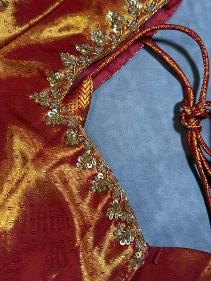 Golden Red Kanchi Tissue Saree & Ready-to-Wear Embroidered Blouse – Size 36