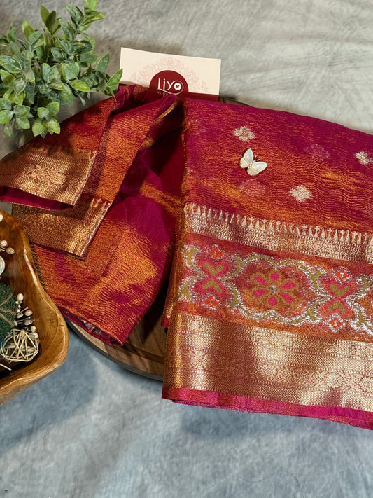 Crush Tissue Saree in Pinkish Orange with Ornate Border and Tailored Blouse