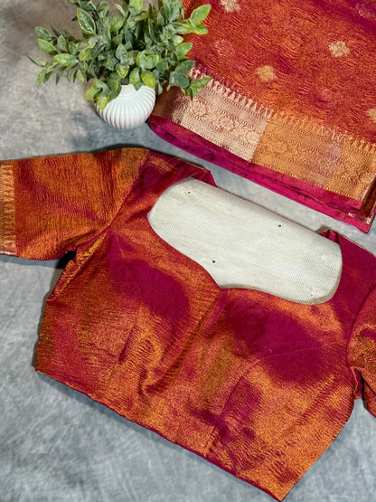 Crush Tissue Saree in Pinkish Orange with Ornate Border and Tailored Blouse